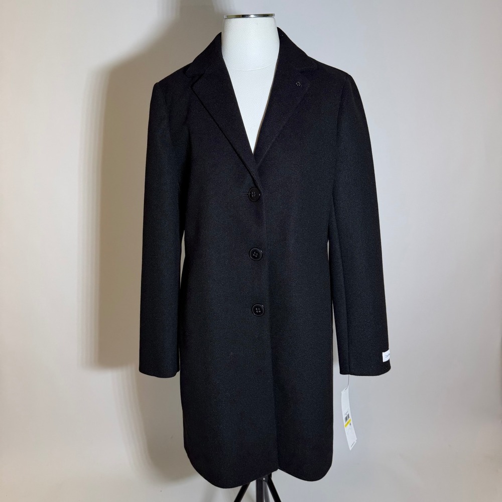 NWT Calvin Klein Black Single Breasted Notched Collar Pea Coat Womens Medium M